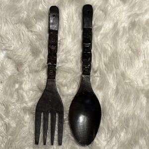 Vintage Mid Century Carved Wood Monkey Pod Fork and Spoon‎ Wall Decor - Tiki MCM